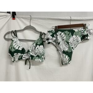 Tropical Floral Print High Waist Bikini Bottoms Tie Top Set, Ruffle X-Large NEW